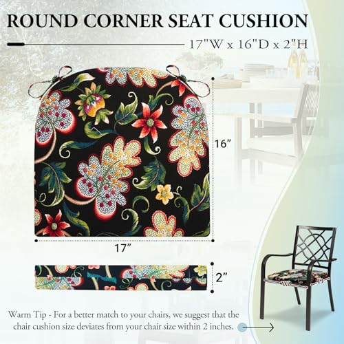 Wellsin Outdoor Chair Cushions for Patio Furniture Patio Chair Cushions Set of 4 Water Resistant Round Corner Outdoor Seat Cushions 17X16X2 Flower Black - Image 3