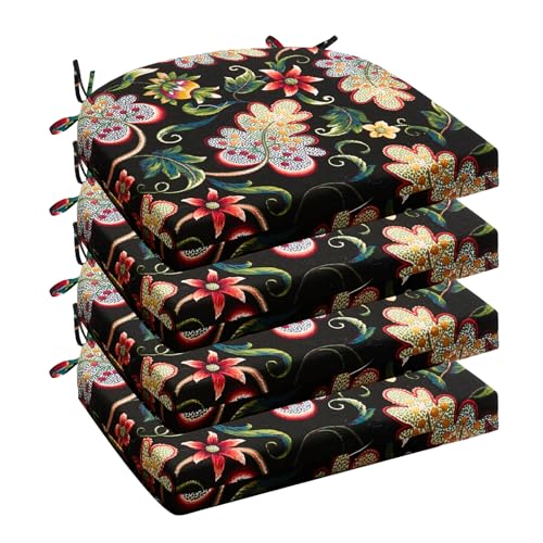 Wellsin Outdoor Chair Cushions for Patio Furniture Patio Chair Cushions Set of 4 Water Resistant Round Corner Outdoor Seat Cushions 17X16X2 Flower Black - Image 1