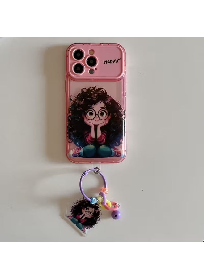 Temu Cute girls' phone case with thick curly hair, cute hanging loop, large window cover, drop-resistant, compatible with iPhone 15 Pro - Image 2