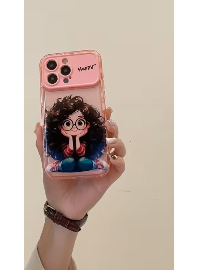 Temu Cute girls' phone case with thick curly hair, cute hanging loop, large window cover, drop-resistant, compatible with iPhone 15 Pro - Image 1