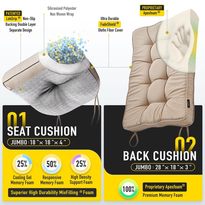 SUNROX Memory Foam Jumbo Rocking Chair Cushions, FadeShield Water Resistant Non Slip Durable Tufted Pads, Set of Seat & Back Cushion with Ties for Indoor/Outdoor Rocker, 2 Piece, Husk Birch - Image 2
