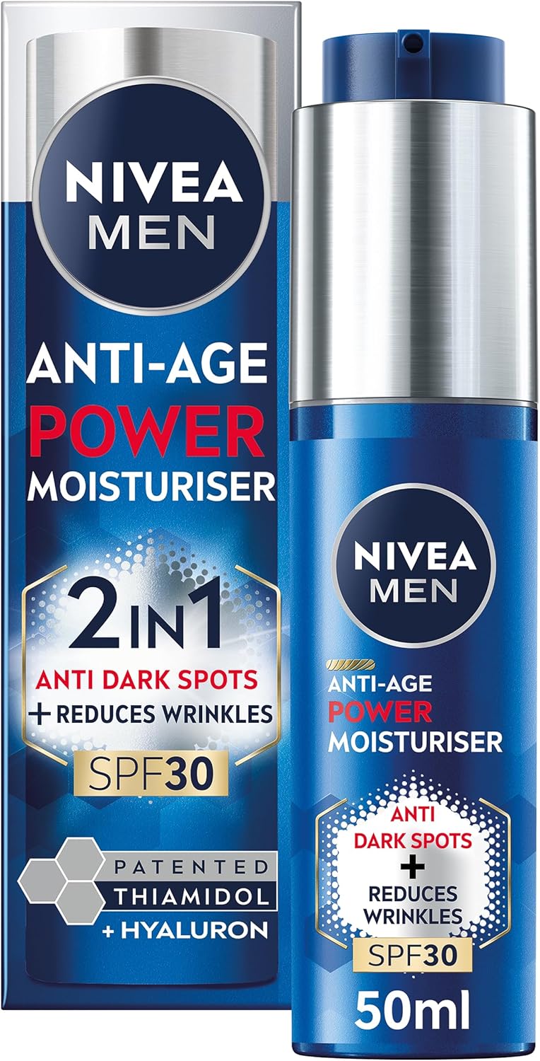 NIVEA MEN AntiAge 2in1 Power Moisturiser 50ml With SPF 30 Thiamidol and Hyaluronic Acid for Sun Protection Dark Spot Prevention and YoungerLooking Skin