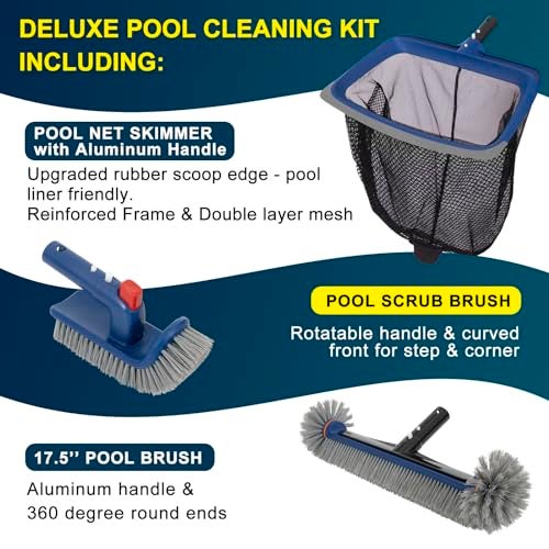 POOLAZA Deluxe Swimming Pool Cleaning Kit Including Pool Skimmer Net with Rubber Edge, 17.5" Pool Brush Head & Rotatable Pool Scrub Brush, Heavy Duty Pool Cleaning Kit Inground & Above Ground Pool (No Pole) - Image 2