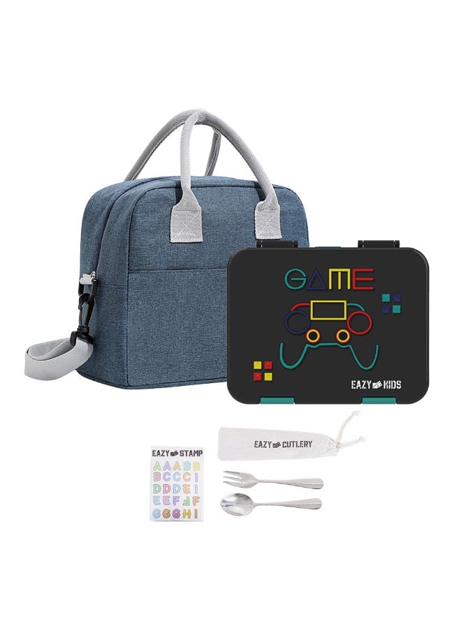 Eazy Kids Eazy Kids 6 & 4 Convertible Bento Lunch Box w/ Lunch Bag, Steel Spoon & Fork Set and Alphabets Sticker - Gamer - Image 1