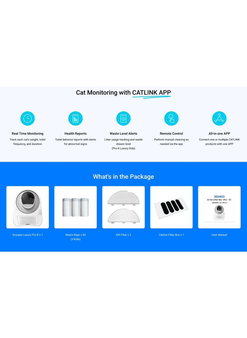 Catlink - CATLINK™ Scooper Luxury Pro-X. Smart Litter Box, Self-Cleaning Automatic Cat Litter Box, Hands-Free Cleanup with App Control, Double Odor Removal, Extra Large Size for 3.3~22lbs Cats, Smart Robot Cat Litter Box. Come With Waste Bags x 60 (3 Rolls), Sift Filter x 2, Carbon Filter Box x 1 . [Full Pack Set + 12 Months International Warranty]. - Image 1