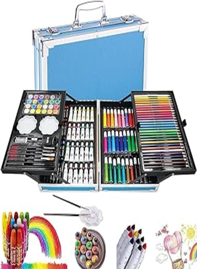 ILLYS Art Set Gift 145pcs with Portable Aluminum Case Box Professional Artists Drawing Painting Kit for Kids Including Colored Pencils Watercolor Paints Oil Pastels (Blue)