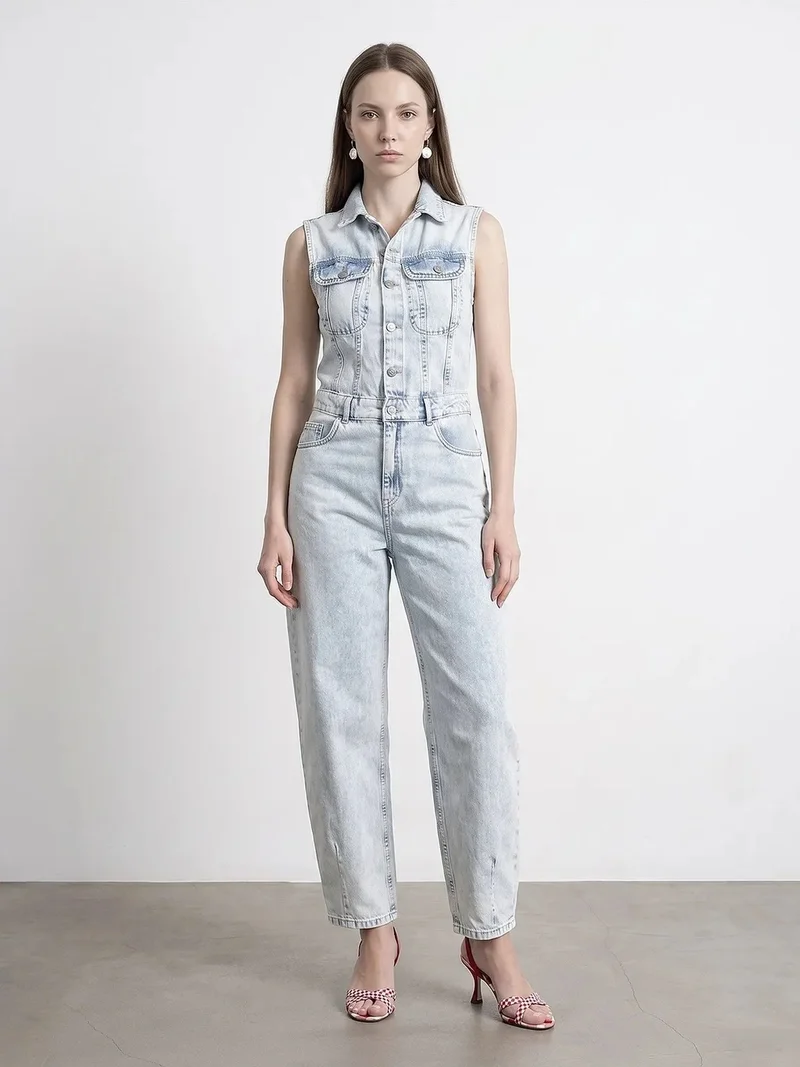 DILVIN Cotton Denim Straight-Leg Overalls Jumpsuit