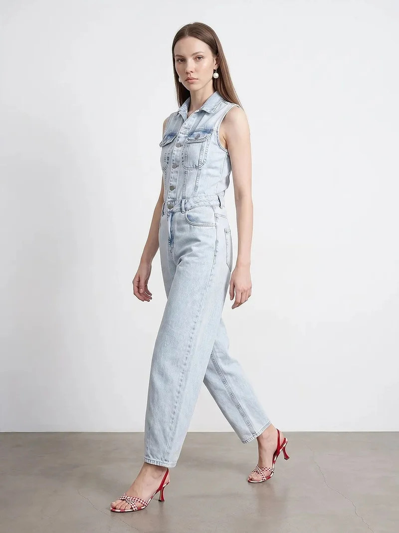 Dilvin Light Blue Denim DILVIN Cotton Denim Straight-Leg Overalls Jumpsuit for Women | Best Price UAE