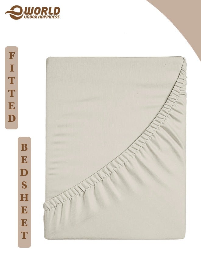 Eworld Cream Microfiber Fitted Bedsheet with Deep Pocket for a Snug Fit, Breathable, Machine Washable for Optimal Protection, Available in King, Queen and Single Sizes, Without Pillow Cover - Image 1