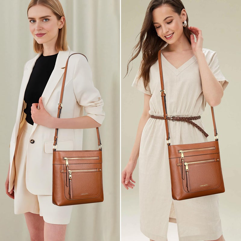 Over Earth Leather Crossbody Bags for Women Medium Shoulder Purse Multi Pocket Shoulder Handbag with Adjustable Strap(O199E Brown) - Image 2