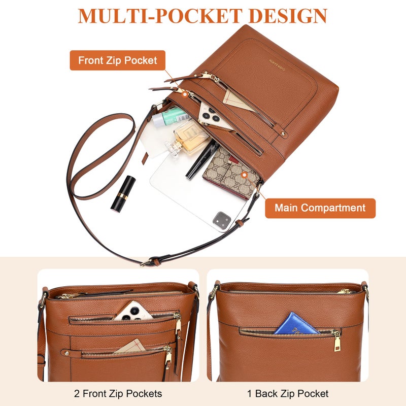Over Earth Leather Crossbody Bags for Women Medium Shoulder Purse Multi Pocket Shoulder Handbag with Adjustable Strap(O199E Brown) - Image 4