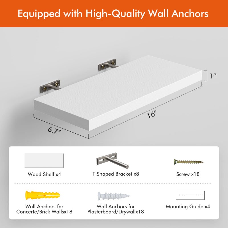 YUFLINX 16â€™â€™White Floating Shelves for Wall Set of 4,Rustic Wood Shelf for Room Decor/Storage/Display,Small Bookshelf,Wall Mounted Hanging Shelves for Bedroom, Bathroom, Living Room, Kitchen - Image 5