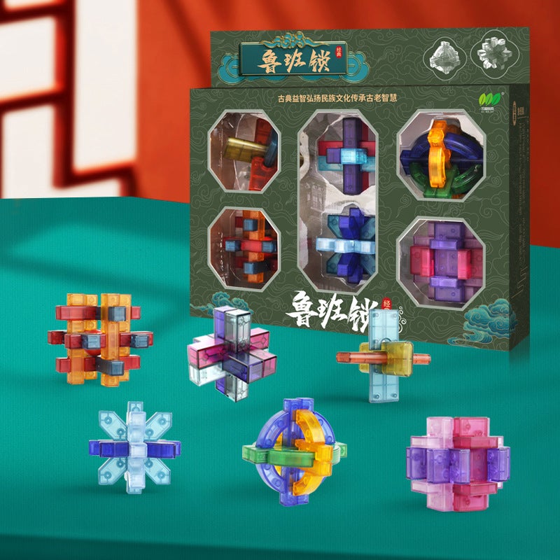 Guochao Full Set Of Intelligence Loop Solving Mortise And Tenon Building Blocks Children'S Transparent Glass Luban Lock Kongming Lock Unlock Educational Toys - Image 5