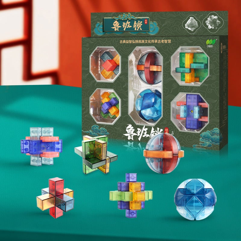 Guochao Full Set Of Intelligence Loop Solving Mortise And Tenon Building Blocks Children'S Transparent Glass Luban Lock Kongming Lock Unlock Educational Toys - Image 4
