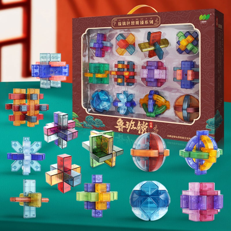 Guochao Full Set Of Intelligence Loop Solving Mortise And Tenon Building Blocks Children'S Transparent Glass Luban Lock Kongming Lock Unlock Educational Toys - Image 3