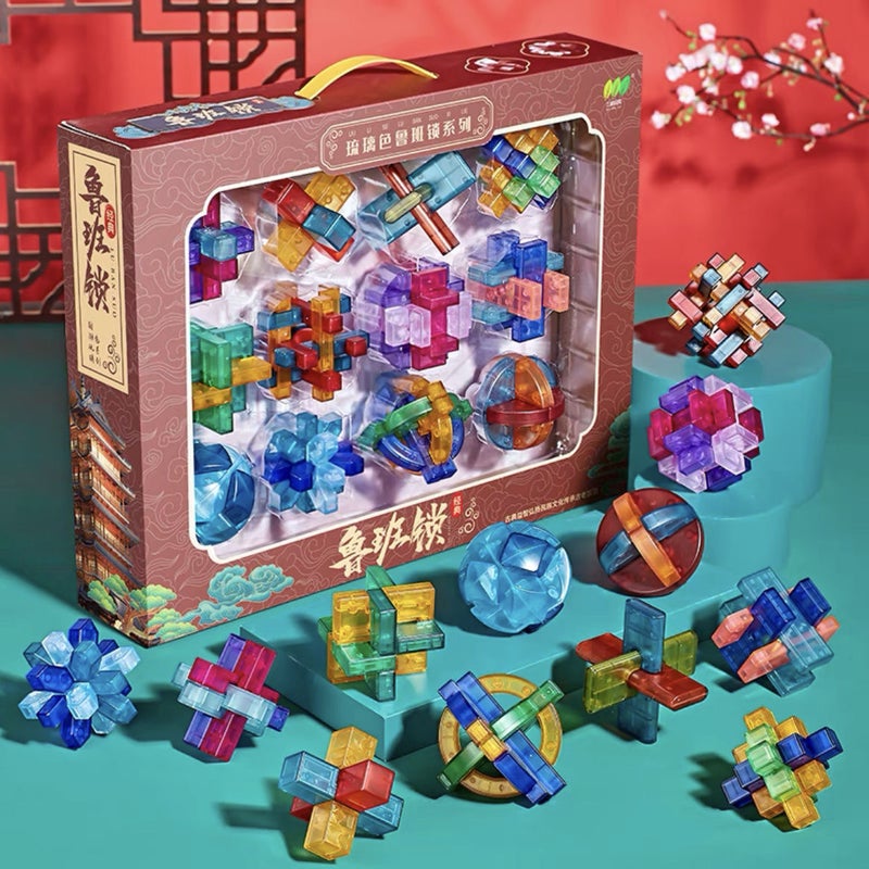 Guochao Full Set Of Intelligence Loop Solving Mortise And Tenon Building Blocks Children'S Transparent Glass Luban Lock Kongming Lock Unlock Educational Toys - Image 2