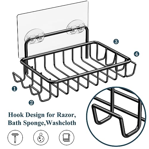 Nieifi Soap Dish,Bar Soap Holder for Shower Wall with 4 Hooks Stainless Steel Adhesive Soap Dish for Bathroom Shower Razor Holder (Black) - Image 2