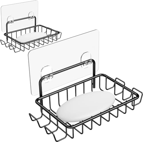 Nieifi Soap Dish,Bar Soap Holder for Shower Wall with 4 Hooks Stainless Steel Adhesive Soap Dish for Bathroom Shower Razor Holder (Black) - Image 1