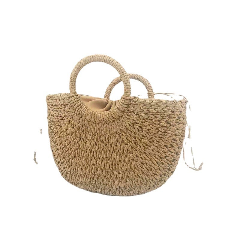 New Semicircle Portable Women'S Bag Straw Bag Moon Type Medium Handmade Leisure Holiday Bag - Image 5