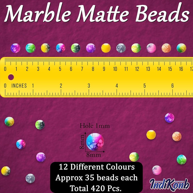 INDIKONB INDIKONB Marble Beads Set - 8mm Glass Matte Beads for DIY Craft and Jewelry Making - Set of 12 Colors | Ideal Marble Glass Matte Beads for Bracelets, Necklaces, and Crafts  - Image 2
