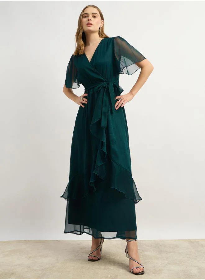 ستايلي Mesh Ruffled Detail V-Neck Wrap Maxi Dress