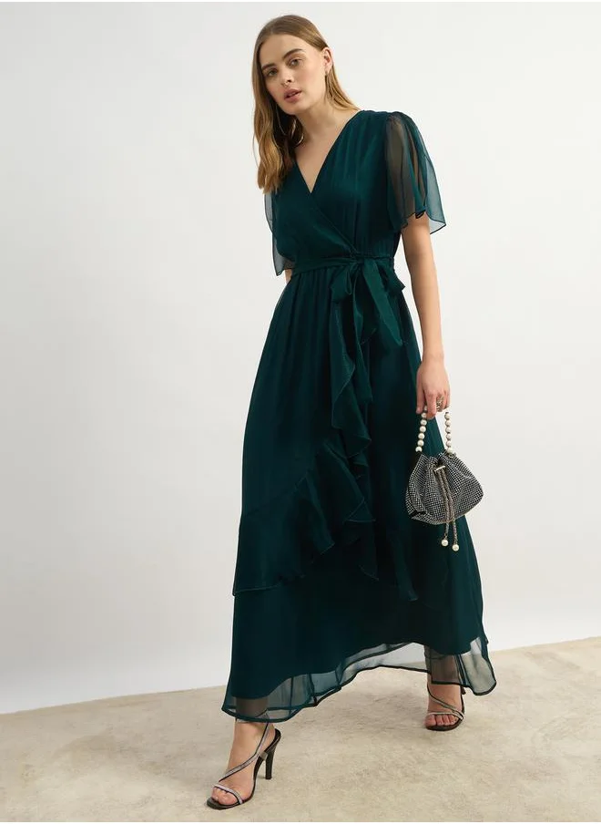 ستايلي Mesh Ruffled Detail V-Neck Wrap Maxi Dress