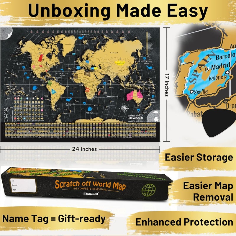 OVANTO Scratch Off World Map - 17x24 World Map Poster, The Only Travel Map with Super Easy Scratch Foil, Flags, Capitals, Population, Monuments, Landmarks, Time Zones. Extra Accessories in a Gift Box - Image 4