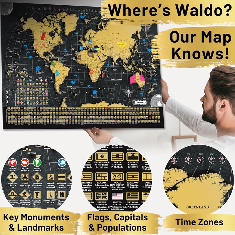 OVANTO Scratch Off World Map - 17x24 World Map Poster, The Only Travel Map with Super Easy Scratch Foil, Flags, Capitals, Population, Monuments, Landmarks, Time Zones. Extra Accessories in a Gift Box - Image 3