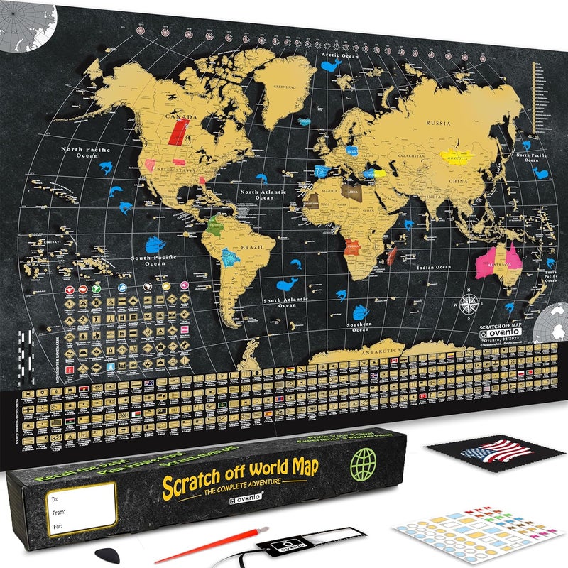 OVANTO Scratch Off World Map - 17x24 World Map Poster, The Only Travel Map with Super Easy Scratch Foil, Flags, Capitals, Population, Monuments, Landmarks, Time Zones. Extra Accessories in a Gift Box - Image 1