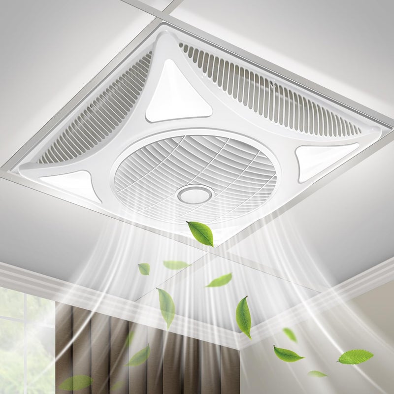 ecoCalm Drop Ceiling Fan with LED Lights Flush Mount Ceiling Fans with 6 Wind Speeds and Timer Low Profile Square Fan for Office Ventilation and Lighting