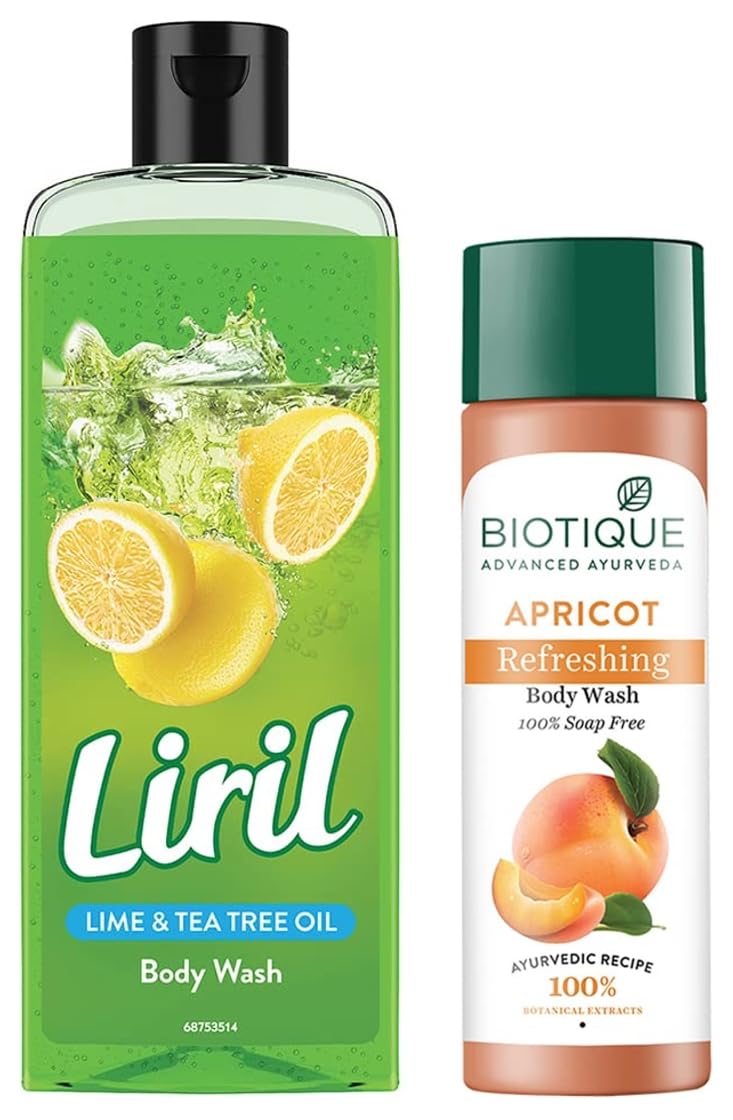 Liril Lemon and Tea Tree Oil Body Wash 250 ml and Biotique Bio Apricot Refreshing Body Wash 190ml - Image 1