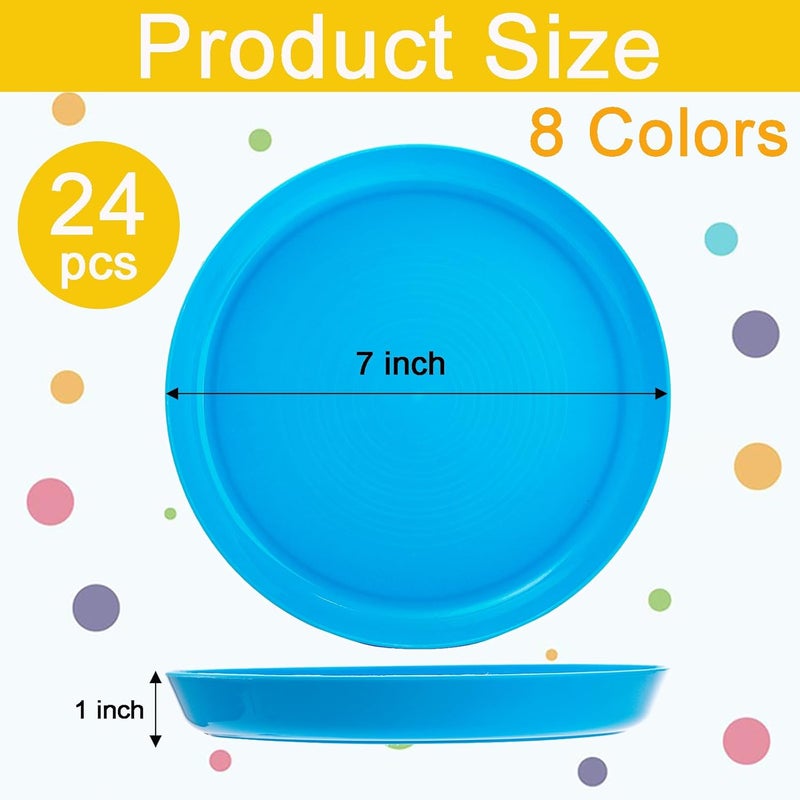 Frcctre 24 Pack Kids Plastic Plates, 7 Inch Small Unbreakable Children Dinner Plates Set BPA Free Reusable Snack Salad Plate for BBQ, Travel, Events, Dishwasher Safe, 8 Colors - Image 2