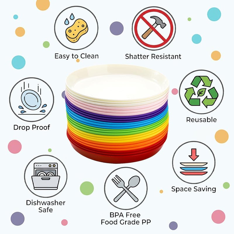 Frcctre 24 Pack Kids Plastic Plates, 7 Inch Small Unbreakable Children Dinner Plates Set BPA Free Reusable Snack Salad Plate for BBQ, Travel, Events, Dishwasher Safe, 8 Colors - Image 3