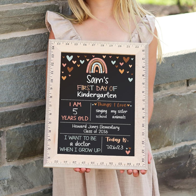 BloomOwl First Day of School Sign (11.5"x15"), Reusable Chalkboard, Easy to Clean with Real Wooden Ruler Frame, Perfect for Back to School, First Day of Kindergarten (Rainbow Hearts Earthy) - Image 4