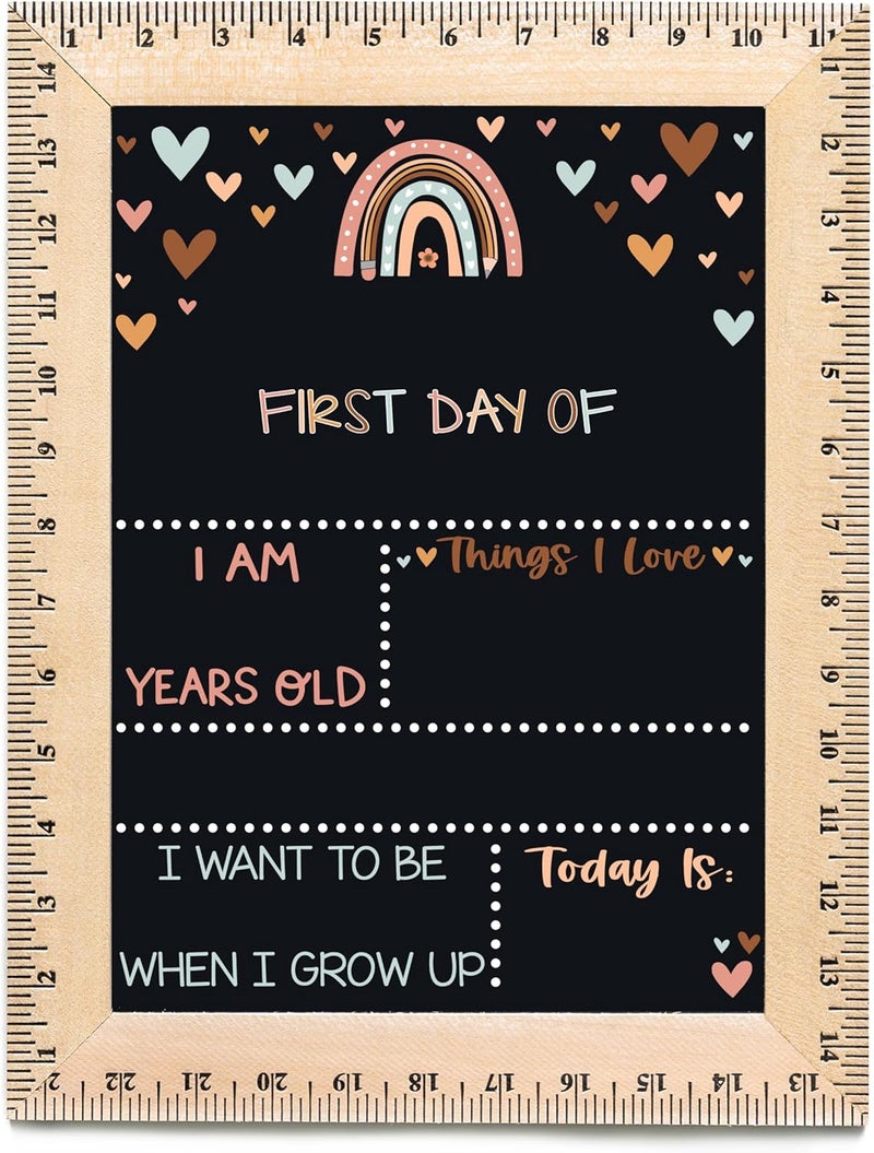 BloomOwl First Day of School Sign (11.5"x15"), Reusable Chalkboard, Easy to Clean with Real Wooden Ruler Frame, Perfect for Back to School, First Day of Kindergarten (Rainbow Hearts Earthy) - Image 3