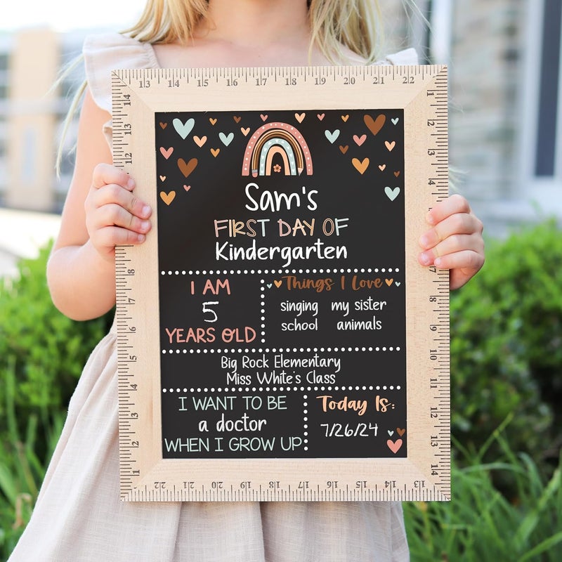 BloomOwl First Day of School Sign (11.5"x15"), Reusable Chalkboard, Easy to Clean with Real Wooden Ruler Frame, Perfect for Back to School, First Day of Kindergarten (Rainbow Hearts Earthy) - Image 2