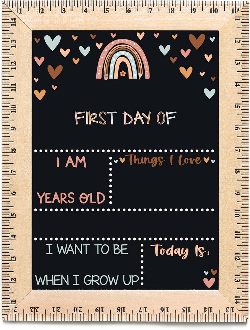 BloomOwl First Day of School Sign (11.5"x15"), Reusable Chalkboard, Easy to Clean with Real Wooden Ruler Frame, Perfect for Back to School, First Day of Kindergarten (Rainbow Hearts Earthy) - Image 1