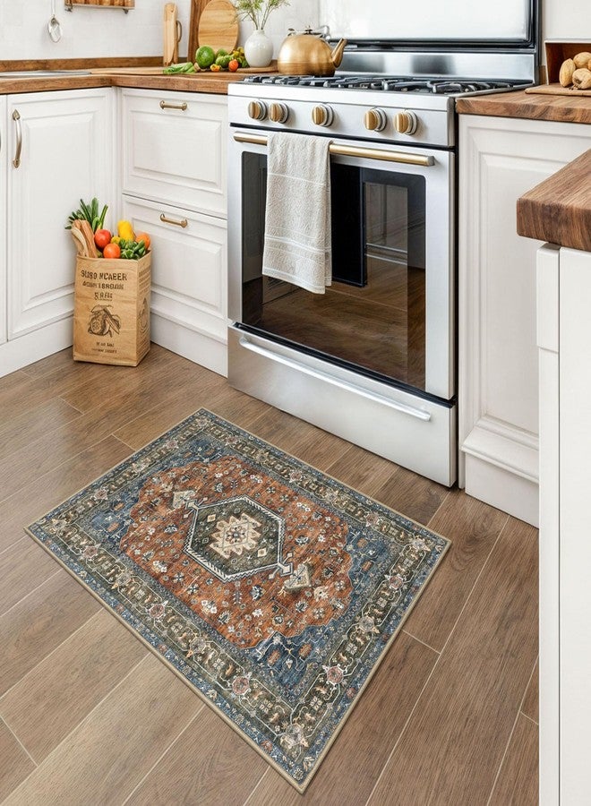 KUTA Vintage Entryway Rugs Indoor Brick Red Washable Rug 2x3 Non-Slip Soft Printed Floral Medallion Doormat Small Accent Farmhouse Kitchen Throw Carpet for Entrance and Bedroom - Image 2