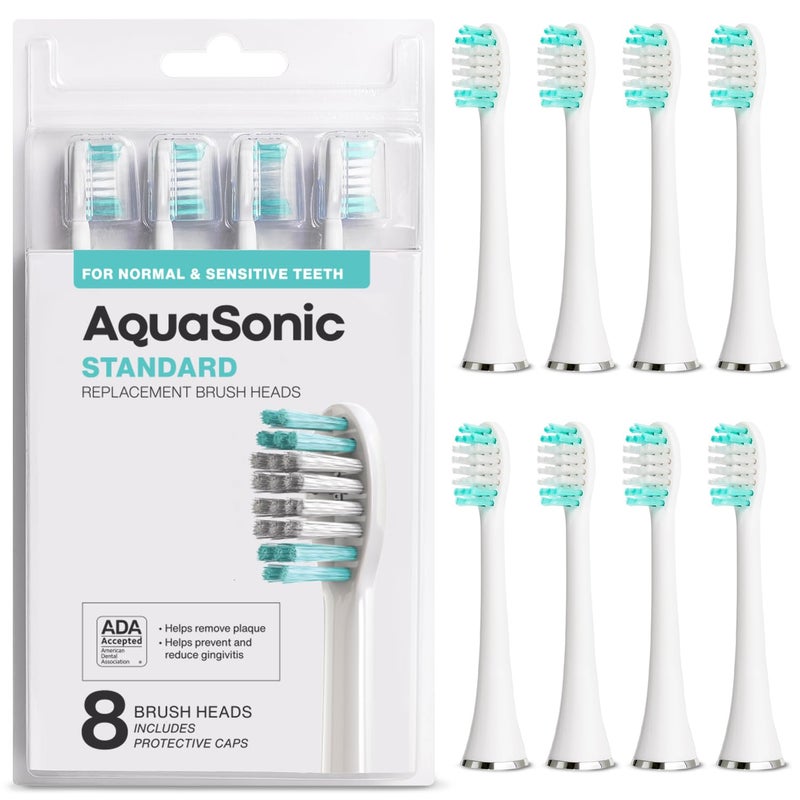 AquaSonic Genuine Standard Replacement Brush Heads | ADA Accepted | for Normal & Sensitive Teeth | Compatible with Many AquaSonic Toothbrush Handles (8 Pack White) - Image 1