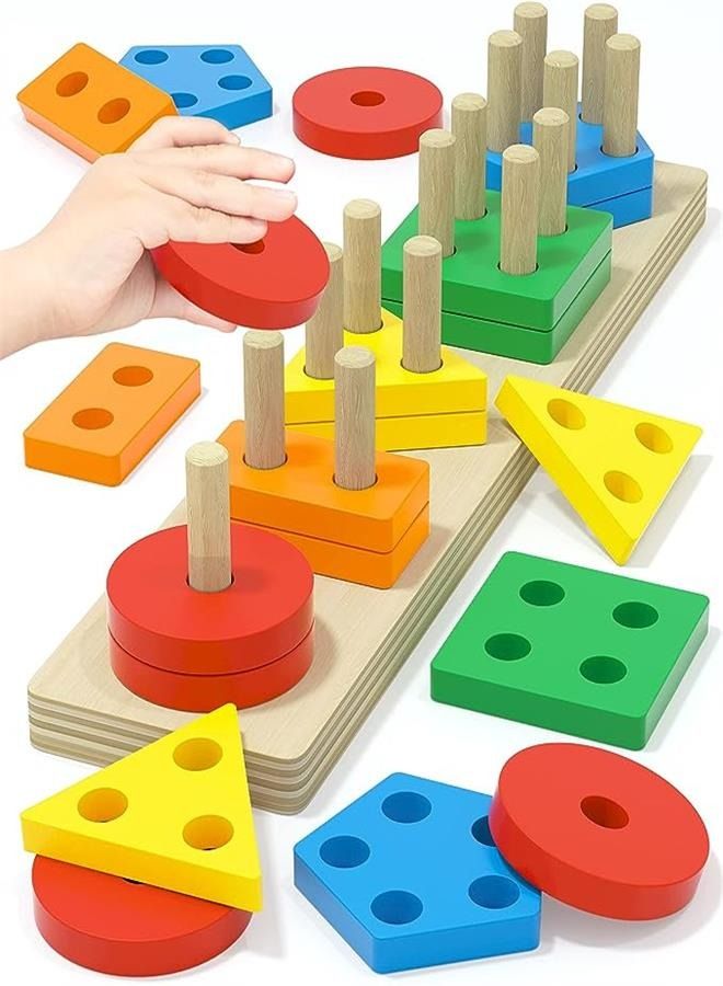 Montessori Toys for 1 2 3 Years Old Boys Girls, Wooden Sorting & Stacking Toys for Toddlers and Kids Baby, Color Recognition Shape Sorter Gift Educational Learning Toy Puzzles Ages 1-3  - Image 1
