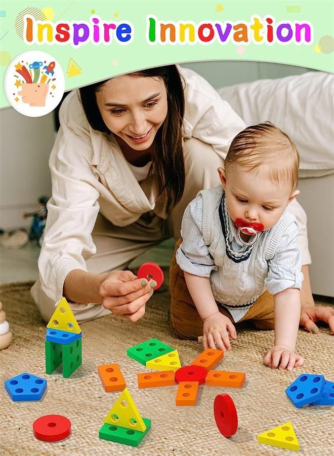 Montessori Toys for 1 2 3 Years Old Boys Girls, Wooden Sorting & Stacking Toys for Toddlers and Kids Baby, Color Recognition Shape Sorter Gift Educational Learning Toy Puzzles Ages 1-3  - Image 4