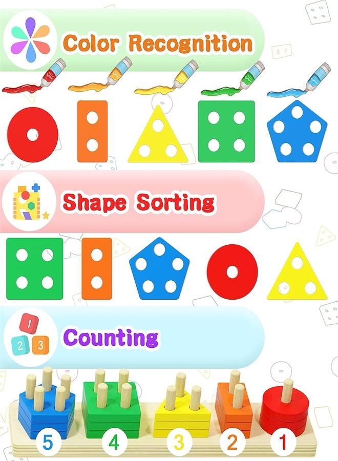 Montessori Toys for 1 2 3 Years Old Boys Girls, Wooden Sorting & Stacking Toys for Toddlers and Kids Baby, Color Recognition Shape Sorter Gift Educational Learning Toy Puzzles Ages 1-3  - Image 3