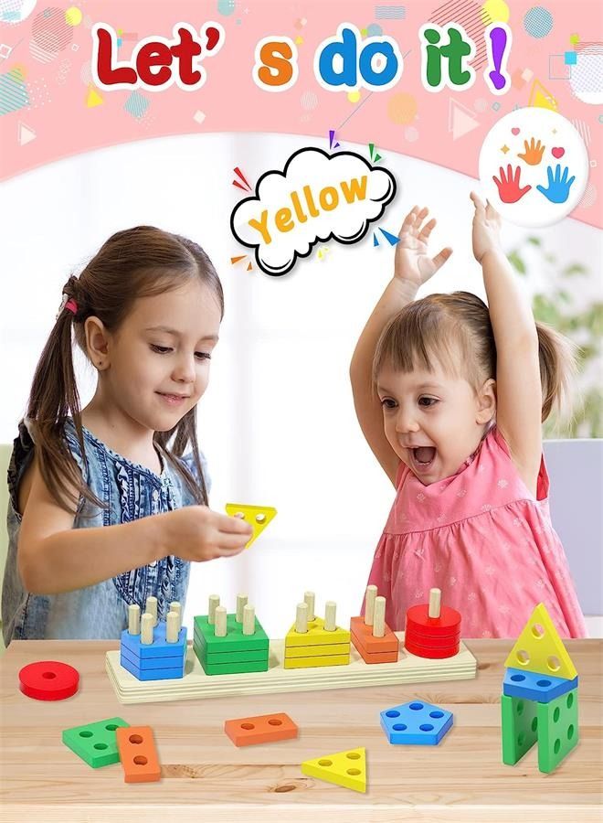 Montessori Toys for 1 2 3 Years Old Boys Girls, Wooden Sorting & Stacking Toys for Toddlers and Kids Baby, Color Recognition Shape Sorter Gift Educational Learning Toy Puzzles Ages 1-3  - Image 2