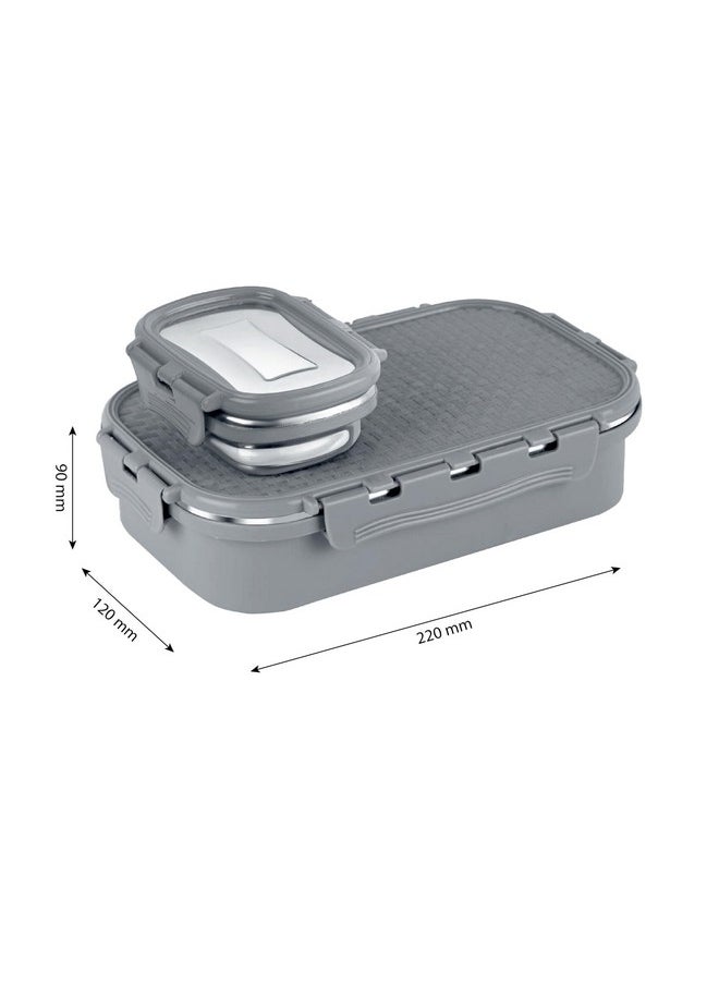 CELLO Matrix Big Lunch Box, Grey | Stainless Steel Lunch Box with Inner Separate Veg Box | Leak Proof and Break Resistant | Tiffin for Adults with Snap Lock | Ideal for Office, School, College