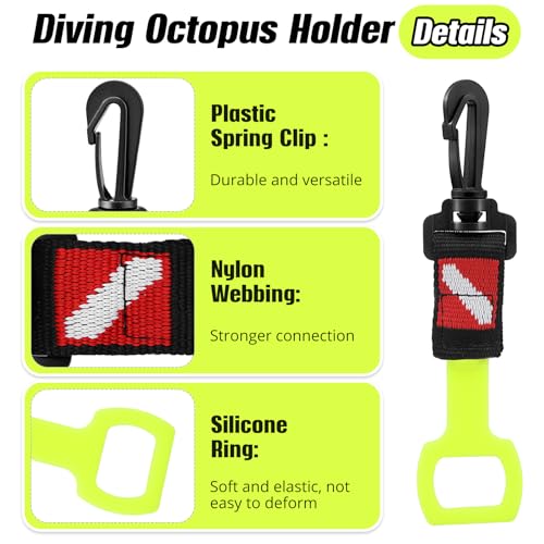 Dawitrly 2 Pack Scuba Diving Regulator Octopus Holder, Octopus Mouthpiece Retainer with Spring Clip, Dive Flag Webbing and Silicone Ring, 2nd Stage Regulator Keeper for Divers and Snorkelers (Yellow) - Image 3