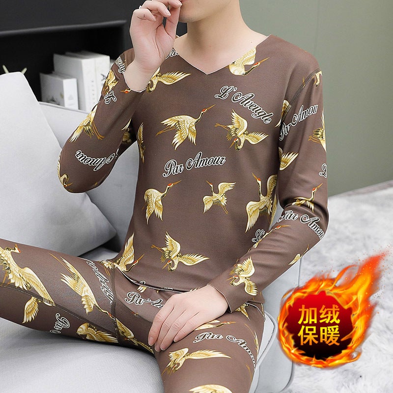 Men'S Velvet Thermal Underwear Thickened Suit Winter Cold Autumn Clothes Autumn Trousers Youth V-Neck Base Shirt For Outer Wear - Image 1