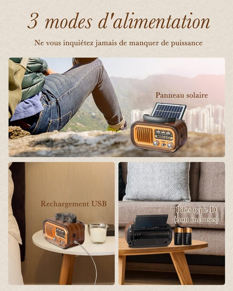 PRUNUS J-150 Portable Radio Vintage Wood FM/AM/SW,Mini Retro Bluetooth Radiolina,Solar Radio with 1200mAh Rechargeable Battery,Portable Radio Pile,Supports TF/AUX/USB,for Home,Kitchen,Table - Image 3