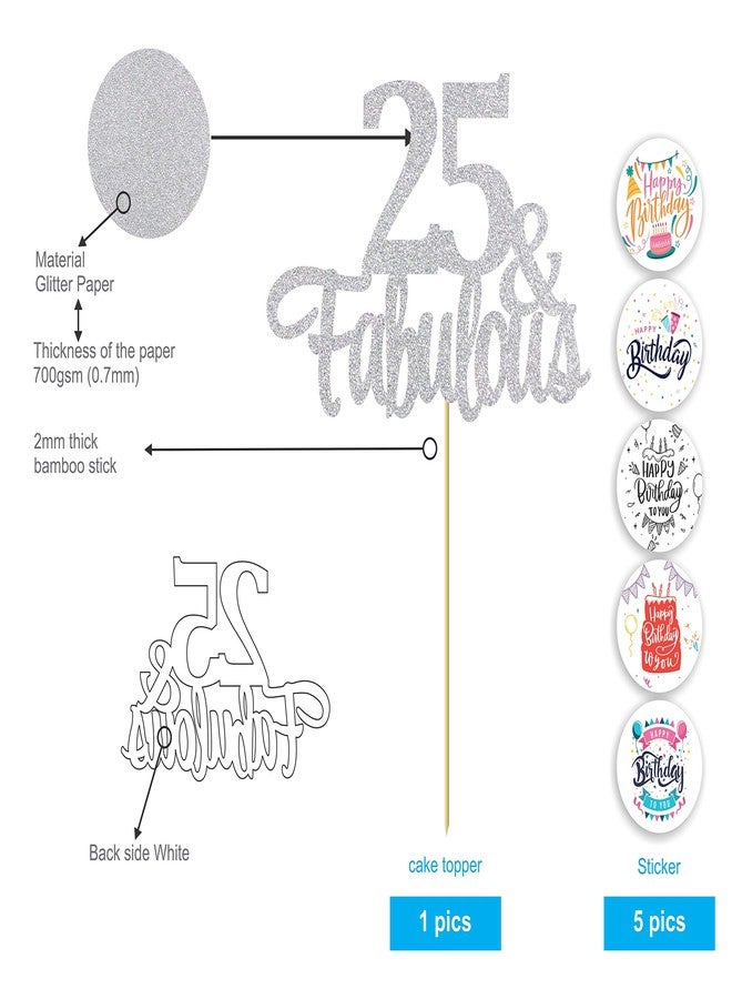 SVM CRAFT® Silver Glitter 25 & Fabulous cake topper - 25 Anniversary/Birthday Cake Topper Party Decoration (25th) with 5 stickers - Image 3