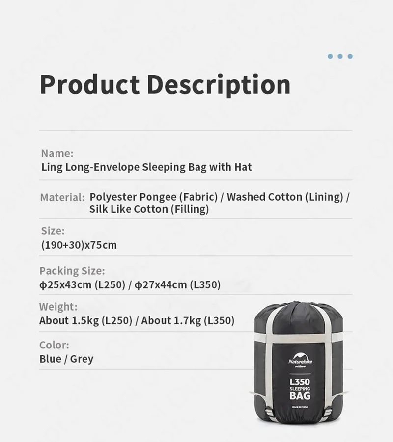 ناتشرهايك L350 Envelope Style Hooded Sleeping Bag -15°c