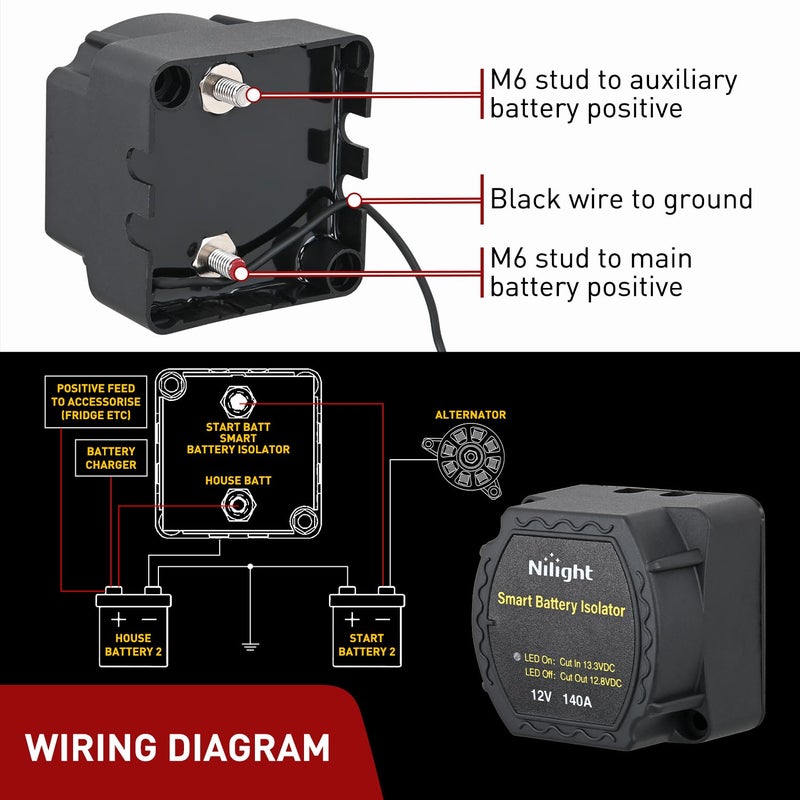 Nilight 12V 140AMP Dual Battery Isolator Voltage Sensitive Relay Smart VSR Dual Battery Automatic Charger Relays Auto Disconnect Switch Waterproof for Truck Van RV ATV UTV Boat Can Am - Image 3
